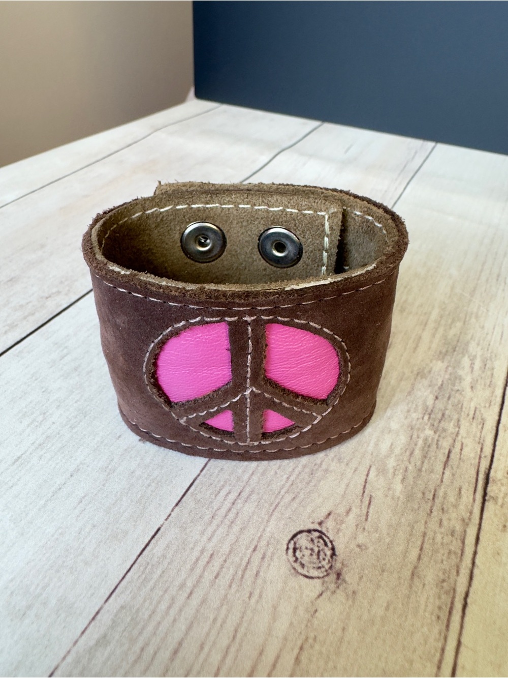 Peace Sign Leather Key and Money Security Bracelet-Bright Pink and Brown